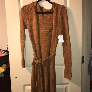 brown hooded cardigan with tie